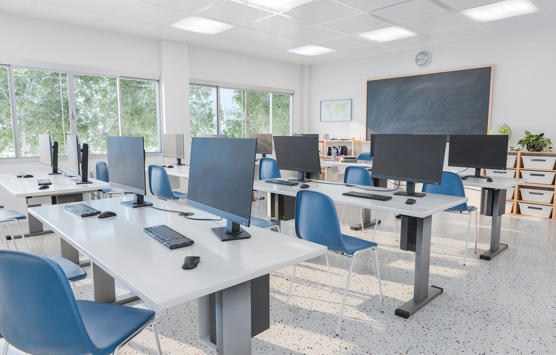 Modern Computer Classroom with Monitors and Blue Chairs